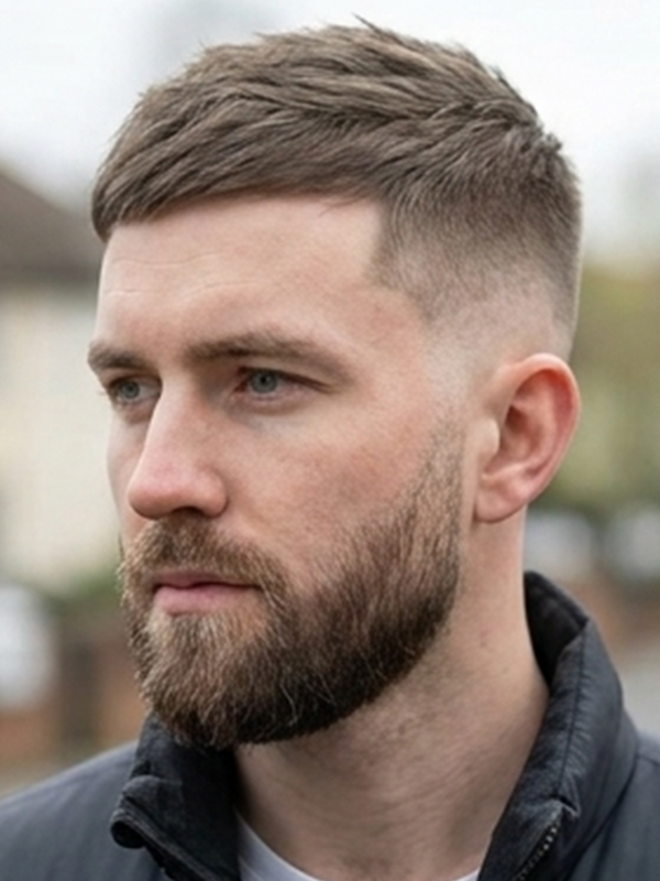 Klassisk crew cut på en mand med mørkt hår