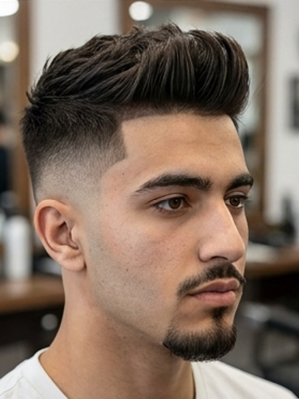 Quiff med skarp skin fade i siderne