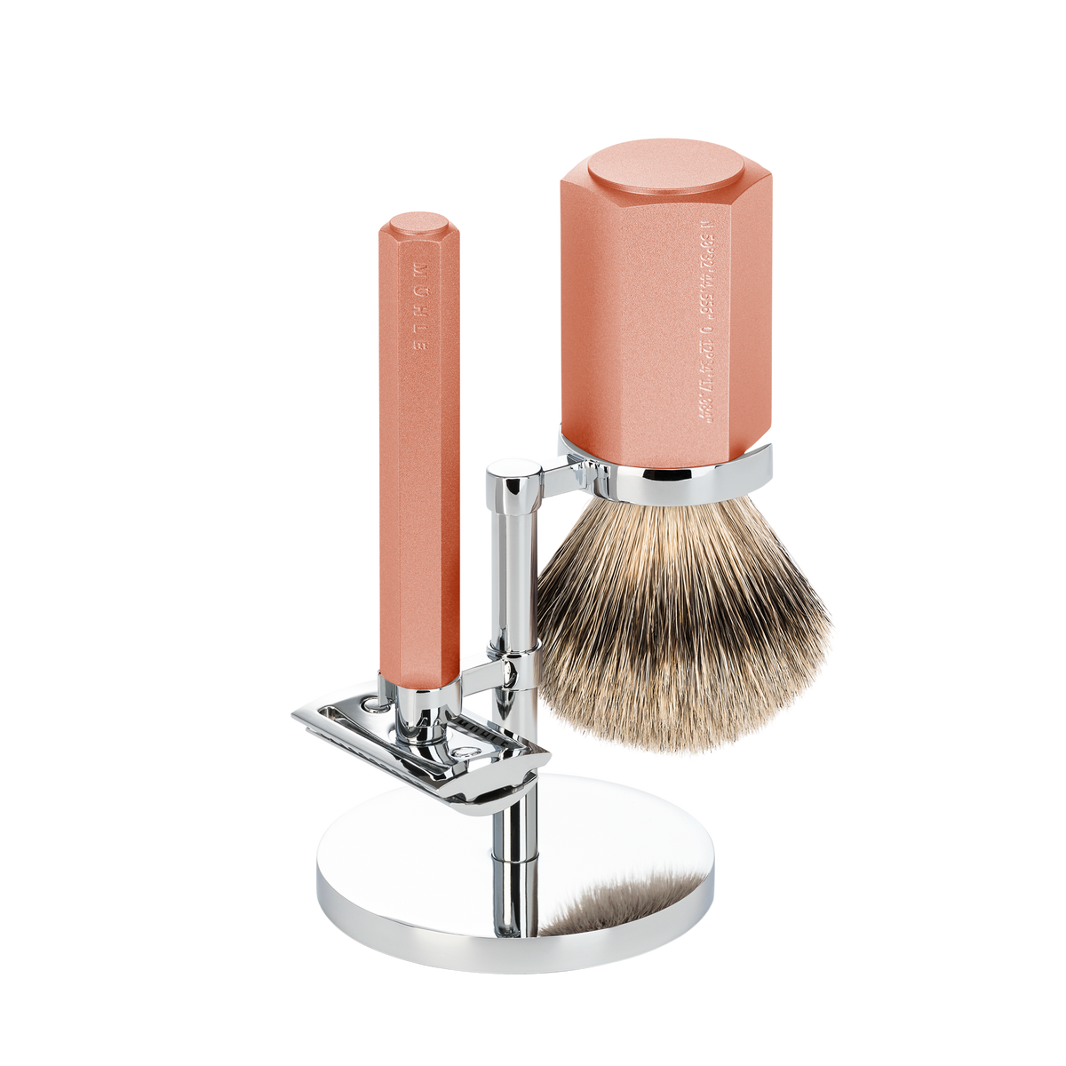 Barbersæt Hexagon Sunrise med Silvertip Badger Barberingsbørste