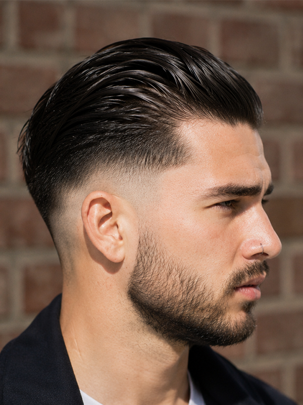 Slick back med skin fade i siderne