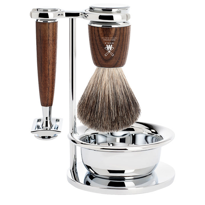 Image of product Rytmo Safety Razor Shaving Set (4 pc.) – Pure Badger – Steamed Ash